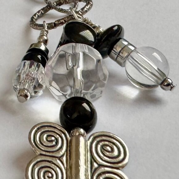 Necklace handmade 3 tier dangle silver butterfly black clear silver beads OOAK - Picture 7 of 10
